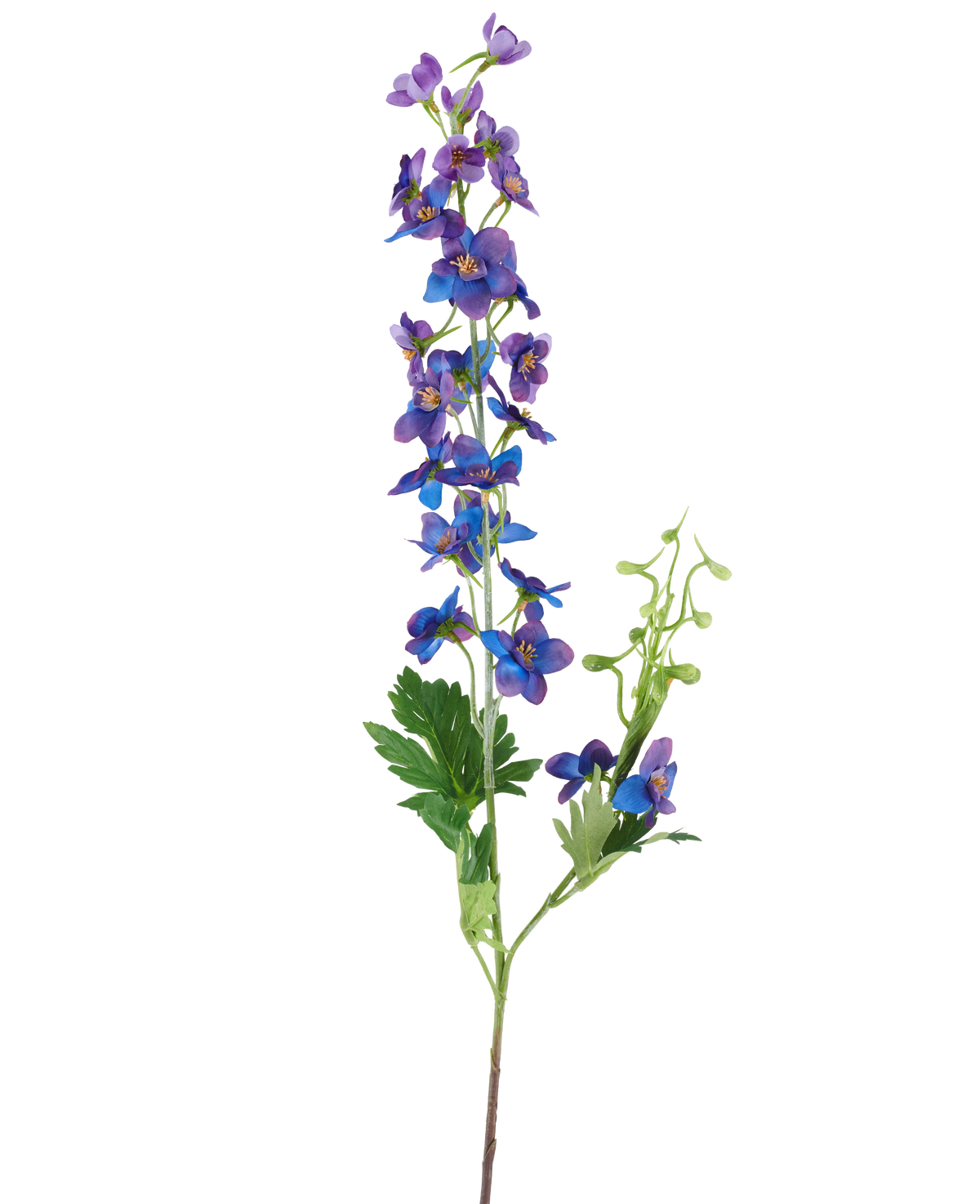 En enkelt høj kunstig blomst Delphinium, der måler 79 cm med en lilla stilk, med små, livlige lilla og blå blomster og grønne blade mod en almindelig hvid baggrund.