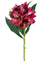 En enkelt stilk af den kunstige Alstroemeria-blomst, der måler 74 cm i røde og lilla toner, med naturtro blomster og grønne blade, isoleret mod en hvid baggrund.