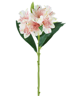 En enkelt stilk af den kunstige Alstroemeria-blomst 74 cm lys pink med grønne blade og tre lys pink blomster med mørke pink pletter, mod en hvid baggrund.