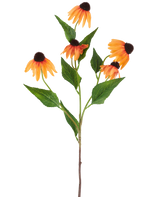 En enkelt kunstig blomst Echinacea på 75 cm, orange, med fem levende orange kappeblomster, hver med en mørkebrun midte og omgivet af grønne blade, mod en almindelig hvid baggrund.