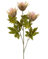 Kunstig blomst Tidsel 67 cm gammel pink består af tre lyserøde og guldfarvede, spidse kunstige tidselblomster med grønne blade på grå stængler, afbildet mod en hvid baggrund.