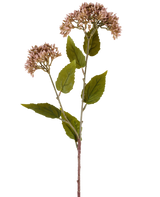 En enkelt stilk af kunstig blomst Sedum 67 cm lilla har to bundter af små, lyse lilla blomster og talrige grønne blade mod en hvid baggrund.