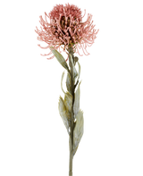 Kunstig blomst Protea 60 cm gammel rosa med spidse lyserøde kronblade og grønne blade på en lang stilk, vist mod en almindelig hvid baggrund.