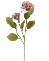 Kunstig blomst Hortensia 55 cm lilla, med bundter af små, lilla knopper og grønne blade på lange, slanke brungrønne stængler, afbildet på hvid baggrund.