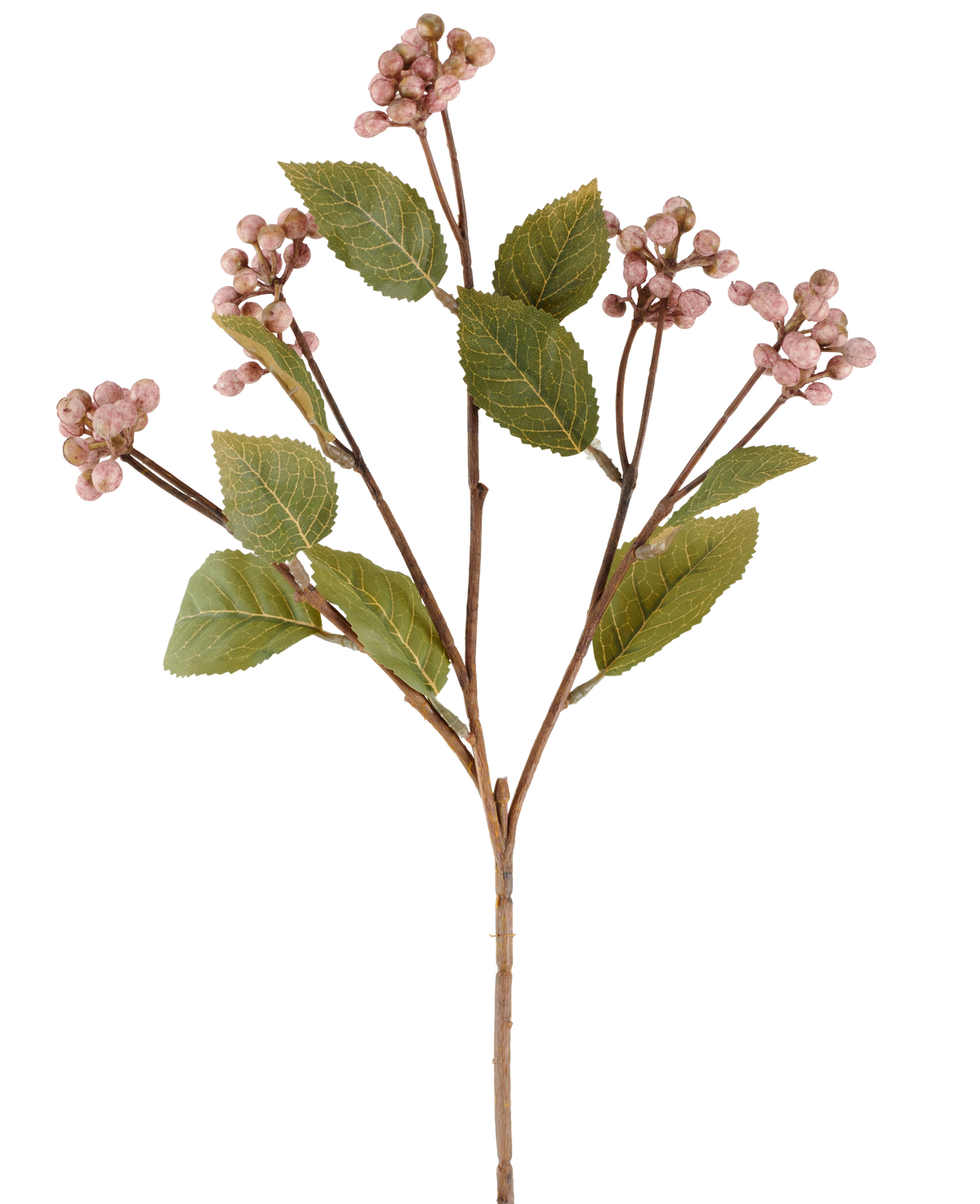 En enkelt lilla kunstig blomst vildbærstængel, 53 cm høj, med flere grene, der bærer bundter af små, runde lilla bær og flere ovale grønne blade mod en hvid baggrund.