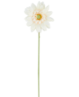 Artificial Flower Mini Gerbera 47 cm cremen er en enkelt kunstig blomst i en cremet hvid nuance, med lagdelte kronblade og et grønt hjerte, knyttet til en lang, lige grøn stilk og præsenteret mod en almindelig hvid baggrund.