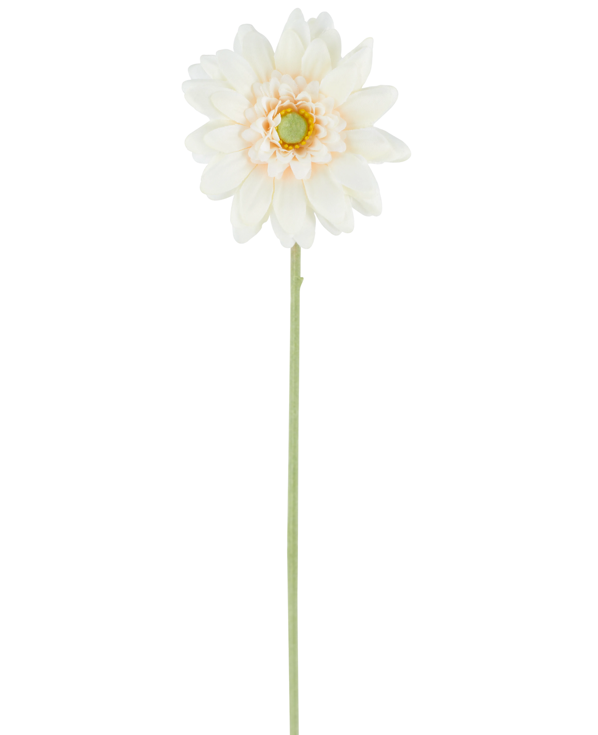Artificial Flower Mini Gerbera 47 cm cremen er en enkelt kunstig blomst i en cremet hvid nuance, med lagdelte kronblade og et grønt hjerte, knyttet til en lang, lige grøn stilk og præsenteret mod en almindelig hvid baggrund.