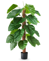 En kunstig plante Epipremnum aureum, 120 cm høj, med store, blanke grønne blade i en sort potte, afbildet mod en almindelig hvid baggrund.