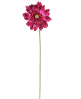En enkelt Artificial Flower Mini Gerbera på 47 cm i mørk pink med lagdelte kronblade og et grønt hjerte på en lang, slank grøn stilk, isoleret mod en hvid baggrund.