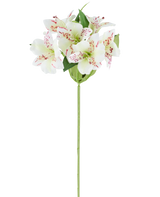 Kunstig blomst Alstroemeria 47 cm cremefarvet med cremefarvede kronblade og subtile røde pletter, suppleret med grønne blade på en enkelt grøn stilk, afbildet mod en hvid baggrund.