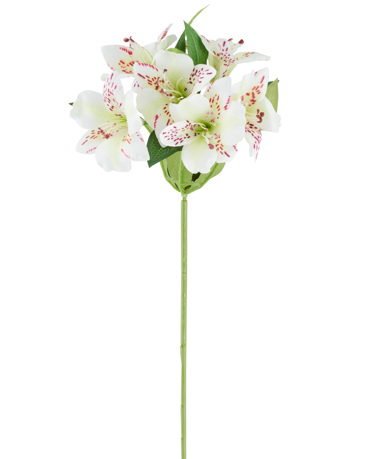 Kunstig blomst Alstroemeria 47 cm cremefarvet med cremefarvede kronblade og subtile røde pletter, suppleret med grønne blade på en enkelt grøn stilk, afbildet mod en hvid baggrund.