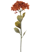 En enkelt kunstig Sedum-blomst på 46 cm i forvitret orange, med bundter af små rød-orange blomster og nogle grønne blade, afbildet på en hvid baggrund.