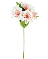 En kunstig Alstroemeria blomst på 47 cm i pink/creme, med lys rosa og hvide kunstige liljer med grønne blade og stilk, afbildet på hvid baggrund.