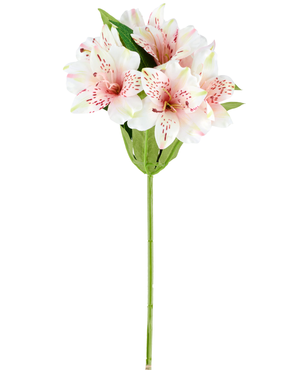 En kunstig Alstroemeria blomst på 47 cm i pink/creme, med lys rosa og hvide kunstige liljer med grønne blade og stilk, afbildet på hvid baggrund.