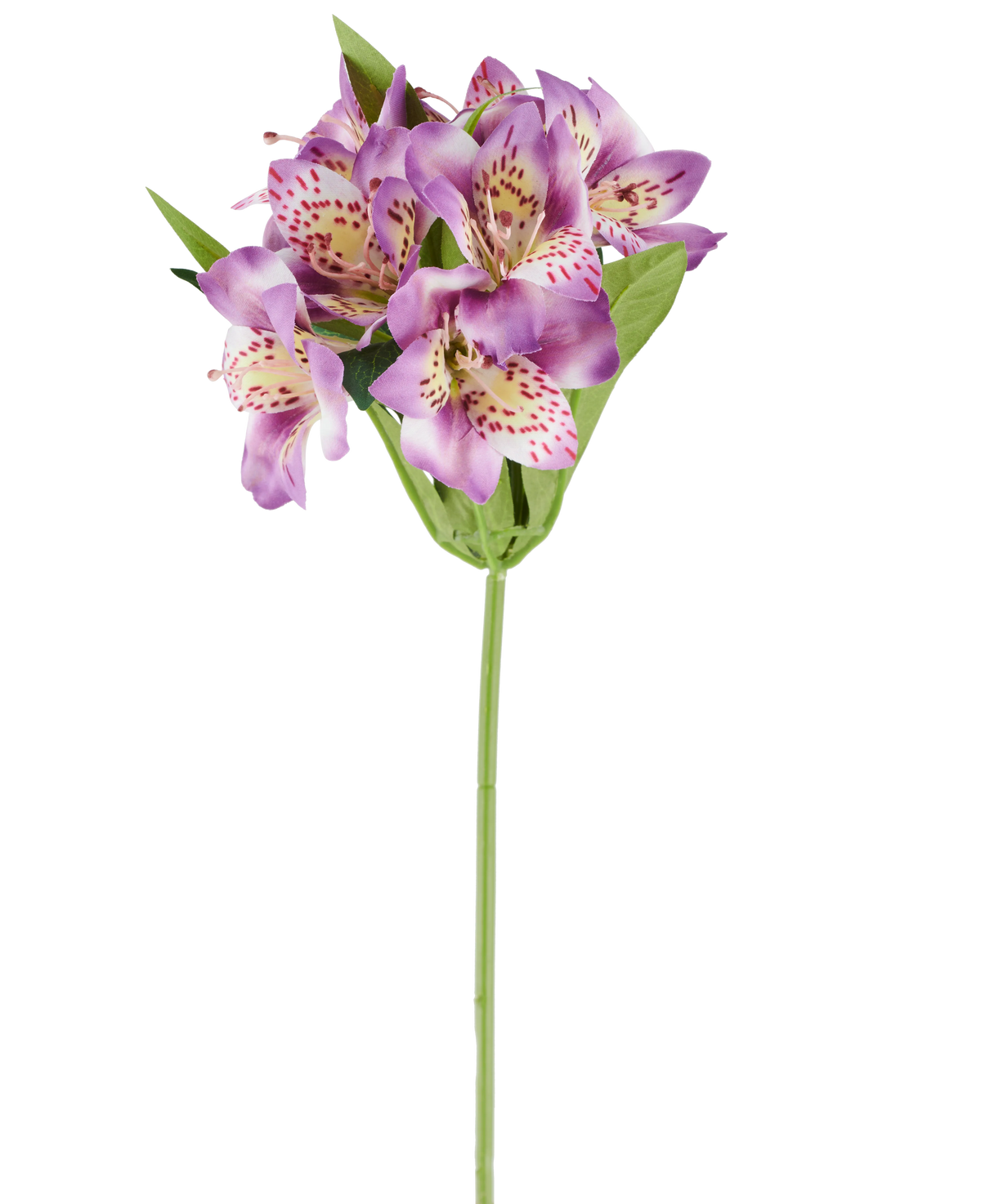 En enkelt kunstig Alstroemeria-blomst på 47 cm, lilla i farven, med flere lilla blomster med lyserøde pletter, grønne blade og en grøn stilk, fotograferet mod en hvid baggrund.