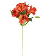 Kunstig blomst Alstroemeria, 47 cm, orange med flere plettede blomster og grønne blade på hvid baggrund.