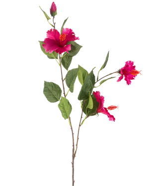 Kunstig Blomst Hibiscus 89 cm fuchsia har en gren med grønne blade, flere levende fuchsia hibiscus blomster og en lukket knop, alt sammen mod en hvid baggrund.