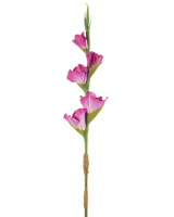 En enkelt stilk af Artificial Flower Gladiolus 83 cm fuchsia har fire levende lyserøde blomster på en grøn stilk, mod en almindelig hvid baggrund.