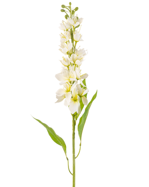 Den kunstige blomst asiatisk æble 84 cm creme har en lang stilk med flere sarte cremefarvede blomster og lange, smalle grønne blade mod en almindelig hvid baggrund.