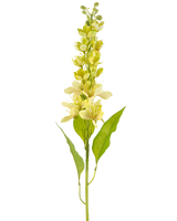 Det asiatiske kunstige æble 84 cm grønt har en enkelt høj stilk med flere lysegule blomster og aflange grønne blade, afbildet mod en hvid baggrund.