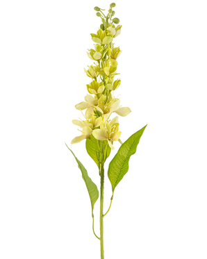 Det asiatiske kunstige æble 84 cm grønt har en enkelt høj stilk med flere lysegule blomster og aflange grønne blade, afbildet mod en hvid baggrund.