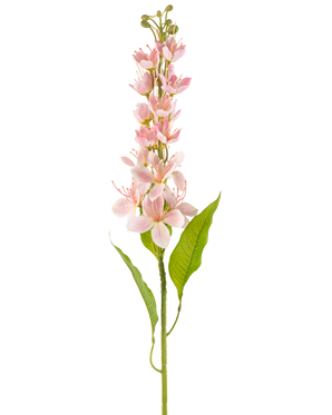 En enkelt kunstig blomst asiatisk æble 84 cm pink med lyserøde blomster og slanke grønne blade, arrangeret lodret mod en hvid baggrund.