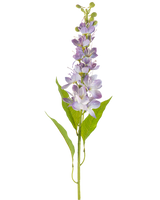 Den kunstige blomst asiatisk æble 84 cm lavendel har en enkelt stilk med aflange grønne blade og flere små, lys lilla blomster, der står lodret langs stilken, isoleret på en hvid baggrund.