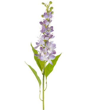 Den kunstige blomst asiatisk æble 84 cm lavendel har en enkelt stilk med aflange grønne blade og flere små, lys lilla blomster, der står lodret langs stilken, isoleret på en hvid baggrund.