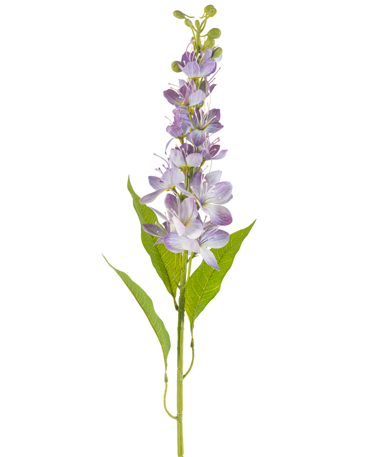 Den kunstige blomst asiatisk æble 84 cm lavendel har en enkelt stilk med aflange grønne blade og flere små, lys lilla blomster, der står lodret langs stilken, isoleret på en hvid baggrund.