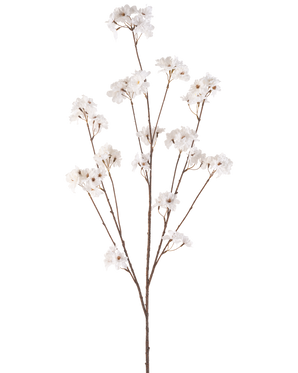 Artificial Flower Cherry Blossom 130 cm cremen har en enkelt brun stilk, der forgrener sig i flere tynde stilke, hver dekoreret med bundter af små, sarte cremekirsebærblomster på en almindelig hvid baggrund.