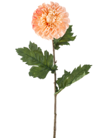 Artificial Flower Dahlia 75 cm fersken har en ferskenfarvet dahlia med lagdelte kronblade og tre bundter takkede grønne blade på en lang stilk, afbildet mod en hvid baggrund.