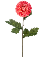 Den kunstige blomst Dahlia 75 cm rød er en enkelt kunstig rød dahlia blomst med lagdelte kronblade og flere grønne blade på en lang grøn stilk, isoleret på en hvid baggrund.