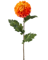 Artificial Flower Dahlia 75 cm orange har en enkelt orange dahlia med lagdelte kronblade, grønne blade og en lang brun stilk, mod en almindelig hvid baggrund.