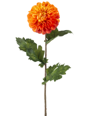 Artificial Flower Dahlia 75 cm orange har en enkelt orange dahlia med lagdelte kronblade, grønne blade og en lang brun stilk, mod en almindelig hvid baggrund.