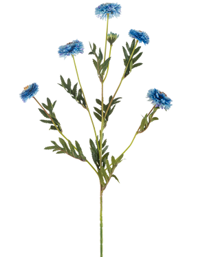 Den Kunstige Blomst Pompon Chrysanthemum 69 cm blå har en enkelt grøn stilk med flere grene, seks blå kunstige blomster med gule hjerter og smalle grønne blade, alt sammen på en hvid baggrund.