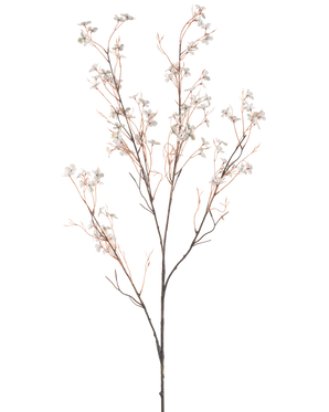 En kunstig blomsterblomst 130 cm lyseblå har sarte kunstige grene med tynde brune stængler og små lyseblå blomster mod en almindelig hvid baggrund.