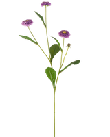 Et kunstig blomster sommergitter på 57 cm med en enkelt grøn stilk, tre lilla tusindfryd-lignende blomster med et gult hjerte og en række grønne blade, afbildet mod en almindelig hvid baggrund.