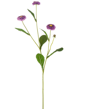 Et kunstig blomster sommergitter på 57 cm med en enkelt grøn stilk, tre lilla tusindfryd-lignende blomster med et gult hjerte og en række grønne blade, afbildet mod en almindelig hvid baggrund.