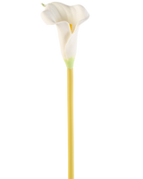 Artificial Flower Calla 64 cm cremen er en enkelt kunstig hvid calla lilje med en lang gul stilk, mod en almindelig hvid baggrund.