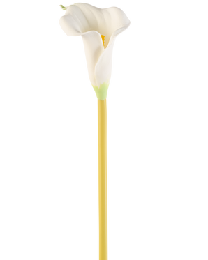 Artificial Flower Calla 64 cm cremen er en enkelt kunstig hvid calla lilje med en lang gul stilk, mod en almindelig hvid baggrund.