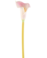 Den kunstige blomst Calla 64 cm blush, en enkelt pink og hvid calla lilje med en gul stilk, er vist mod en almindelig hvid baggrund.