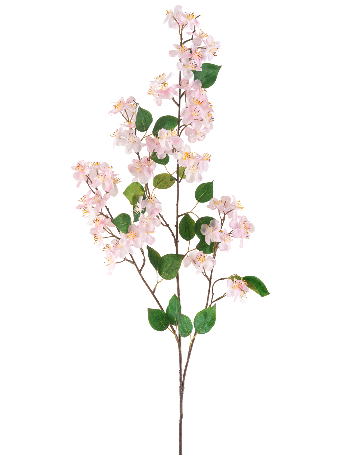 Artificial Flower Peach Blossom 140 cm pink er en kunstig gren med lyserøde ferskenblomster og grønne blade på slanke brune stængler, afbildet isoleret mod en hvid baggrund.