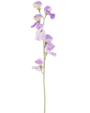 En enkelt kunstig blomsterært 64 cm lilla med sarte lyslilla kronblade og grønne blade, isoleret på en hvid baggrund.
