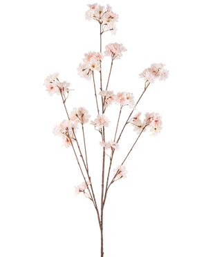 Artificial Flower Cherry Blossom 130 cm blush har flere tynde stilke med bundter af delikate, lyserøde kirsebærblomster mod en almindelig hvid baggrund.