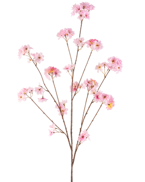 Artificial Flower Cherry Blossom 130 cm pink har en enkelt brun stilk, der forgrener sig til bundter af sarte lyserøde kirsebærblomster, smukke mod en almindelig hvid baggrund.
