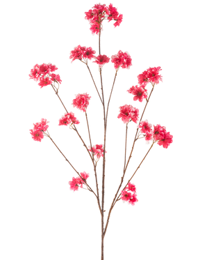 Artificial Flower Cherry Blossom 130 cm fuchsia har en enkelt stilk med flere tynde brune grene, hver dekoreret med klaser af levende fuchsia kunstige juleblomster, mod en almindelig hvid baggrund.