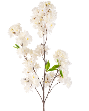 En kunstig kirsebærblomst 119 cm creme med klynger af sarte hvide blomster og et par lyse grønne blade på slanke brune stængler, isoleret på en hvid baggrund.
