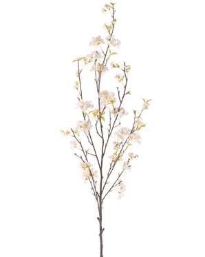 Artificial Flower Cherry Blossom 150 cm cremen har en høj gren med flere tynde stængler, små hvide kirsebærblomster og spredte grønne blade, alt sammen mod en almindelig hvid baggrund.