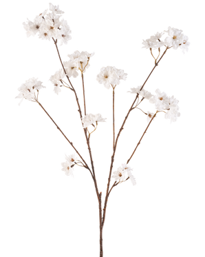 Artificial Flower Cherry Blossom 114 cm cremen har en brun stilk, der forgrener sig til mindre stilke, hver dekoreret med sarte kunstige blomster i en cremet hvid nuance, mod en almindelig hvid baggrund.