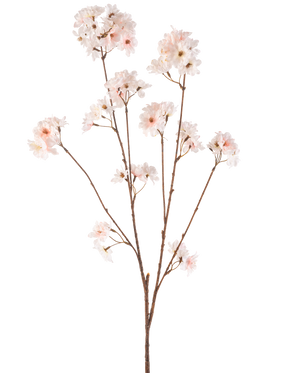 Den Artificial Flower Cherry Blossom 114 cm blush har en enkelt brun stilk med flere grene toppet med sarte, rødmende lyserøde kirsebærblomster, smukt isoleret på en hvid baggrund.